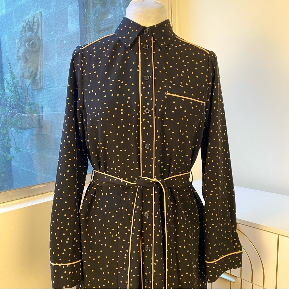 Who What Wear Polka Dot Piped Shirt Dress Black/ Taupe, Size S - Picture 3 of 9